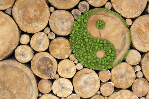 Stacked,Logs,Background,With,Ying,Yang,Symbol